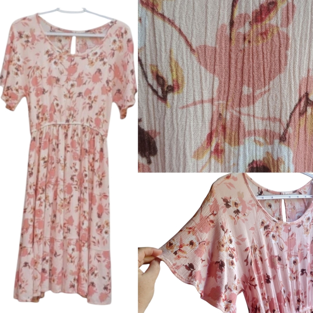 Cottagecore No Label Rayon Crepe Texture Floral Pinkish Pullover Dress L Needs